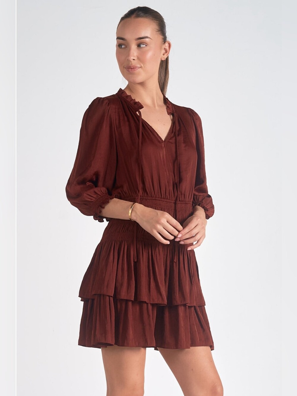 a loves a Maroon Smocked Waist Ruffle Mini Dress Boho‎ Chiffon Long Sleeve XS